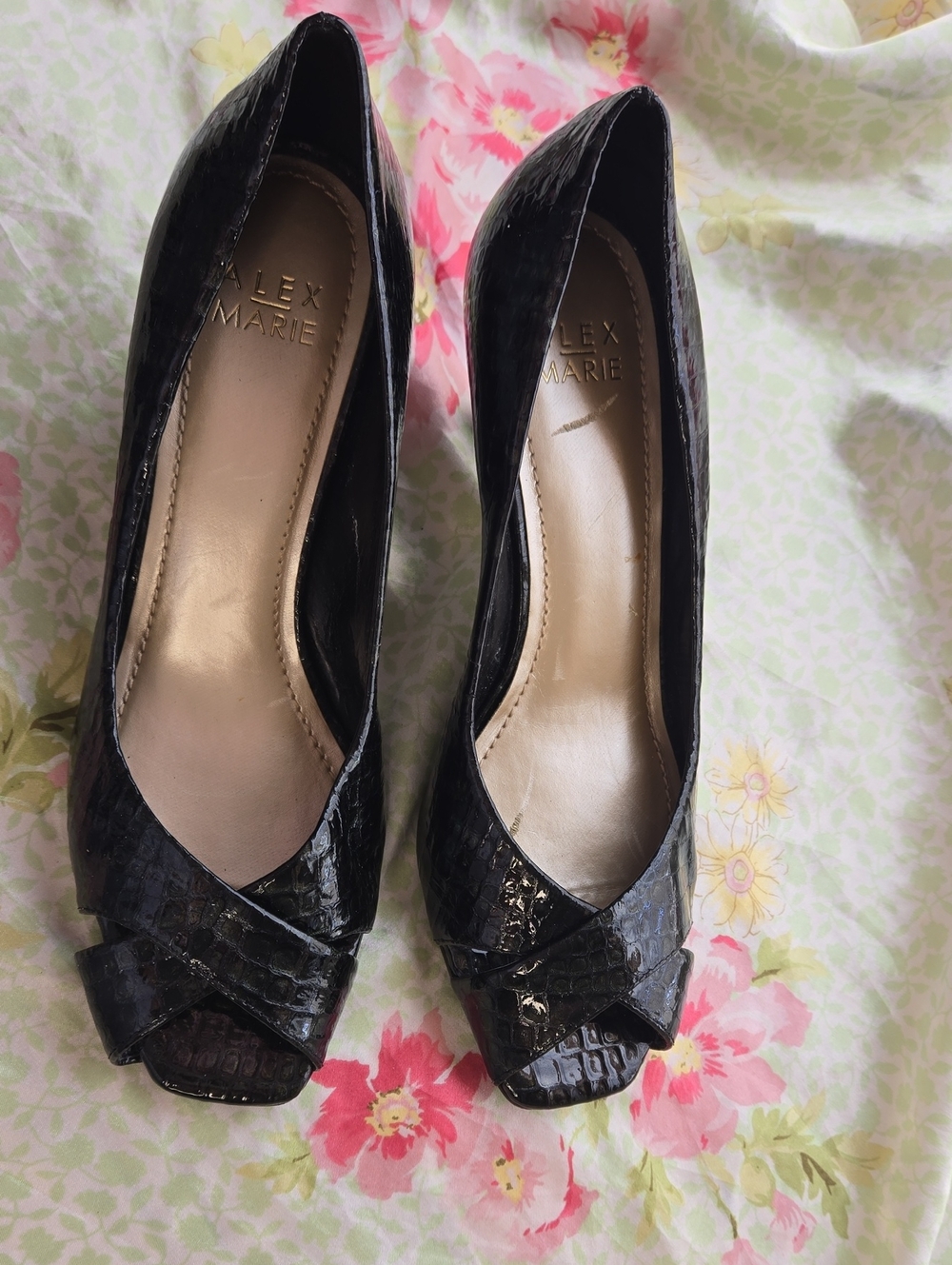 Alex Marie Black Croc-Embossed Patent Peep-Toe Heels